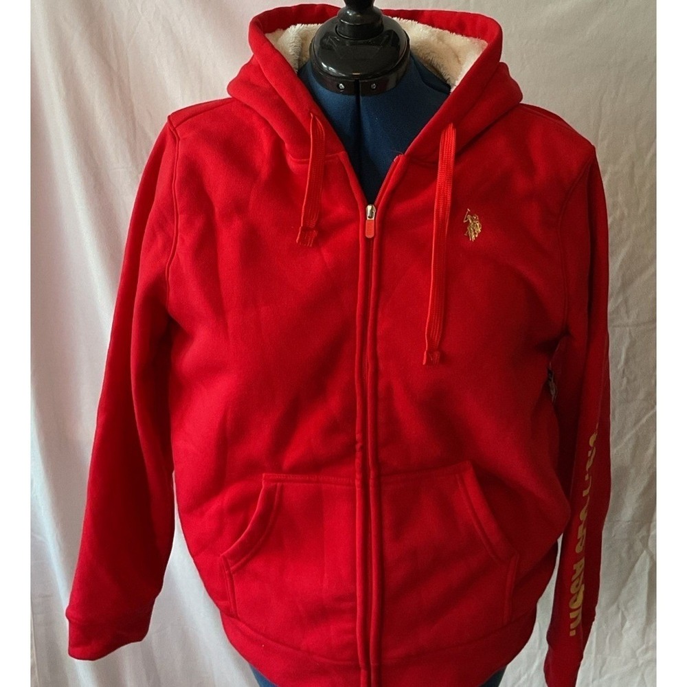 US Polo Assn Mens XXL Red Full Zip Hoodie Faux Fur Lined Gold Logo 622024PS NWT